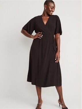 Black Flutter-Sleeve Midi Wrap Dress, plus size dress
